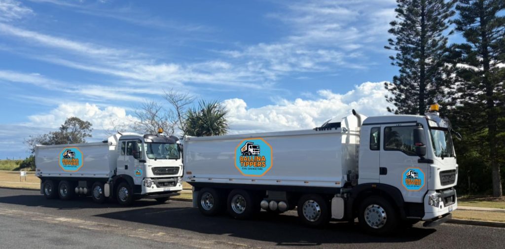 tipper trucks owned by ballina tippers parked in ballina, nsw.